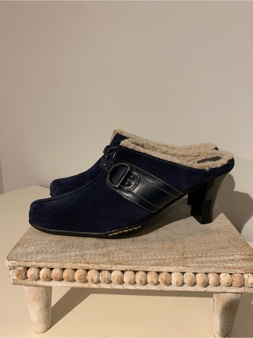 Navy Suede Shearling-Lined Mule Heels with Buckle Detail